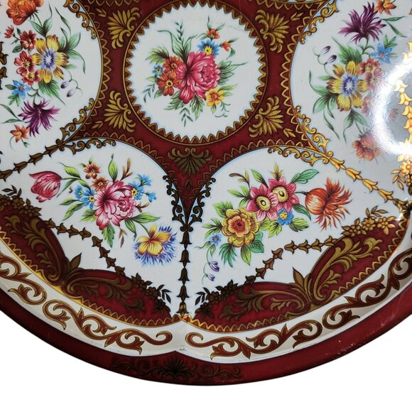 2 Vtg Daher Decorated Ware Round Metal Trays Red Floral 13" Diameter England - Picture 3 of 8